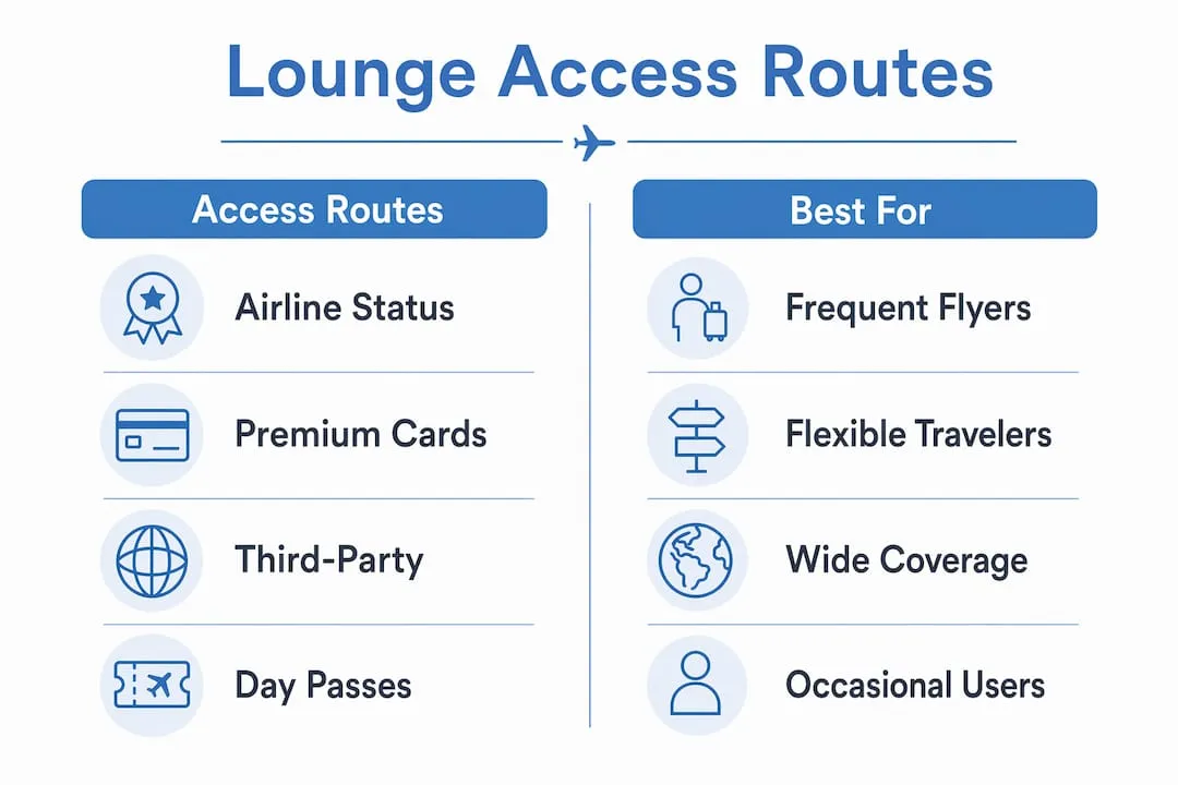 Infographic comparing airport lounge access routes and best users