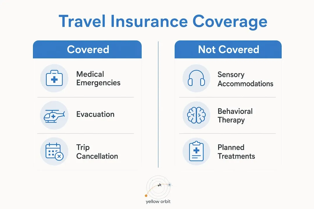 Infographic comparing covered and not covered travel insurance aspects