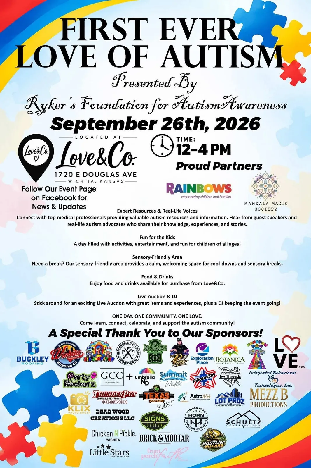 Poster for the first Love for Autism event, presented by Ryker’s Foundation for Autism Awareness, September 26, 2026.