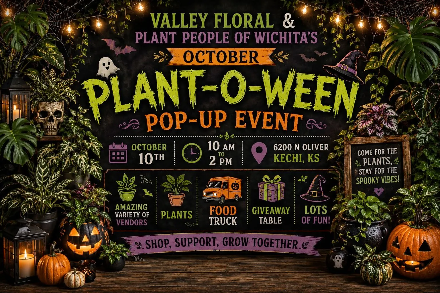 Poster for the Plant-O-Ween pop-up event: October 10, 10 AM to 2 PM, 6200 N Oliver, Kechi, KS.